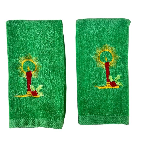 Embroidered Green Holiday Hand Towels Set Of 2 With Candle Design By Ames - Picture 2 of 8